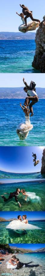 Bride and Groom Jumping off Cliff