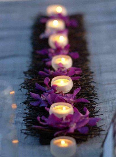 Simple Purple Orchid and Candle Centerpiece